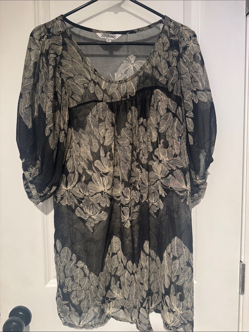 Tramp Black Sheer Floral Tunic with Cream Leaf Print
